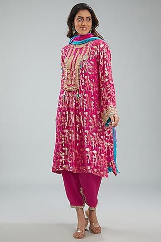 camellia rose pink lurex woven georgette dori machine embroidered kurta set