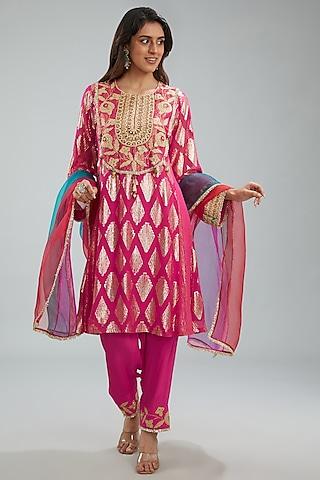 camellia rose pink viscose crepe dori machine embroidered kurta set