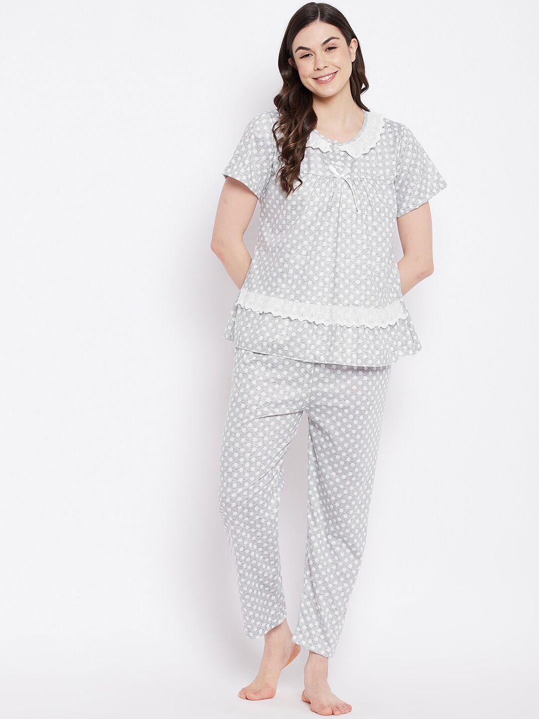 camey women grey & white printed pure cotton night suit