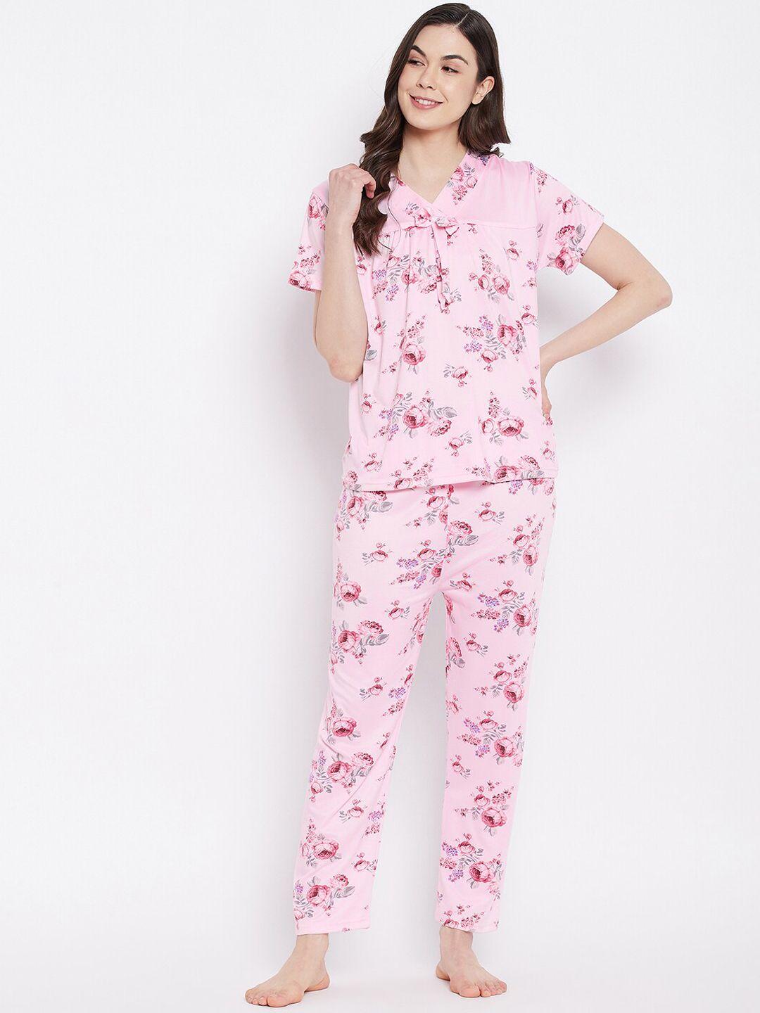 camey women pink & red floral printed cotton nightsuit