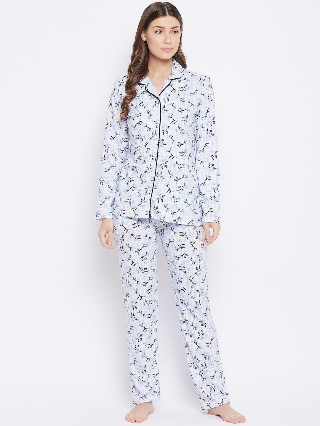 camey women white & purple cotton printed night suit