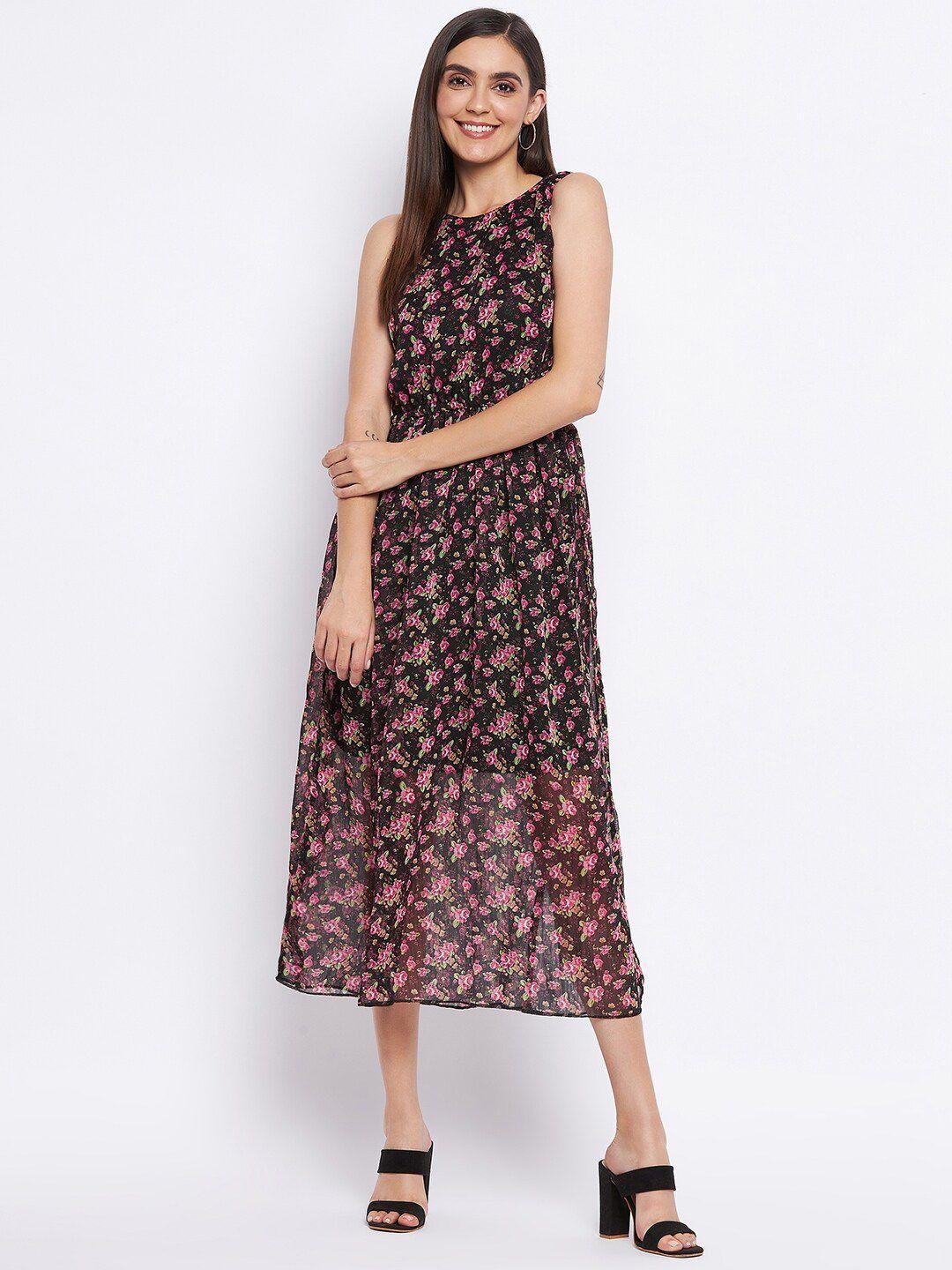 camey black & pink floral georgette maxi midi dress