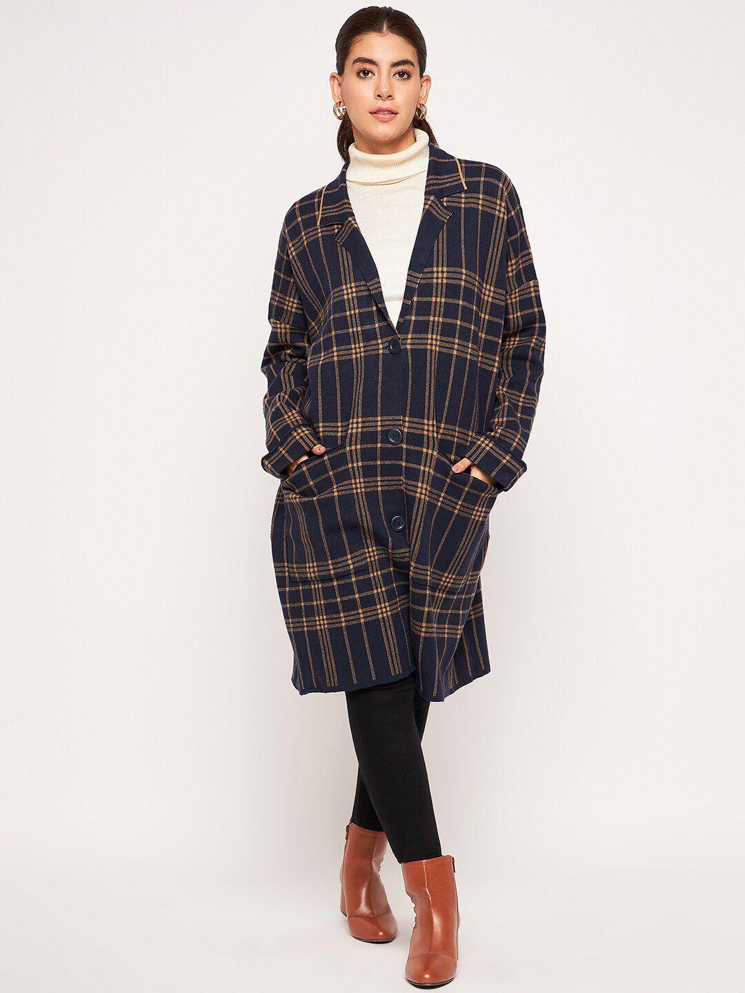 camey checked woolen collared longline overcoat