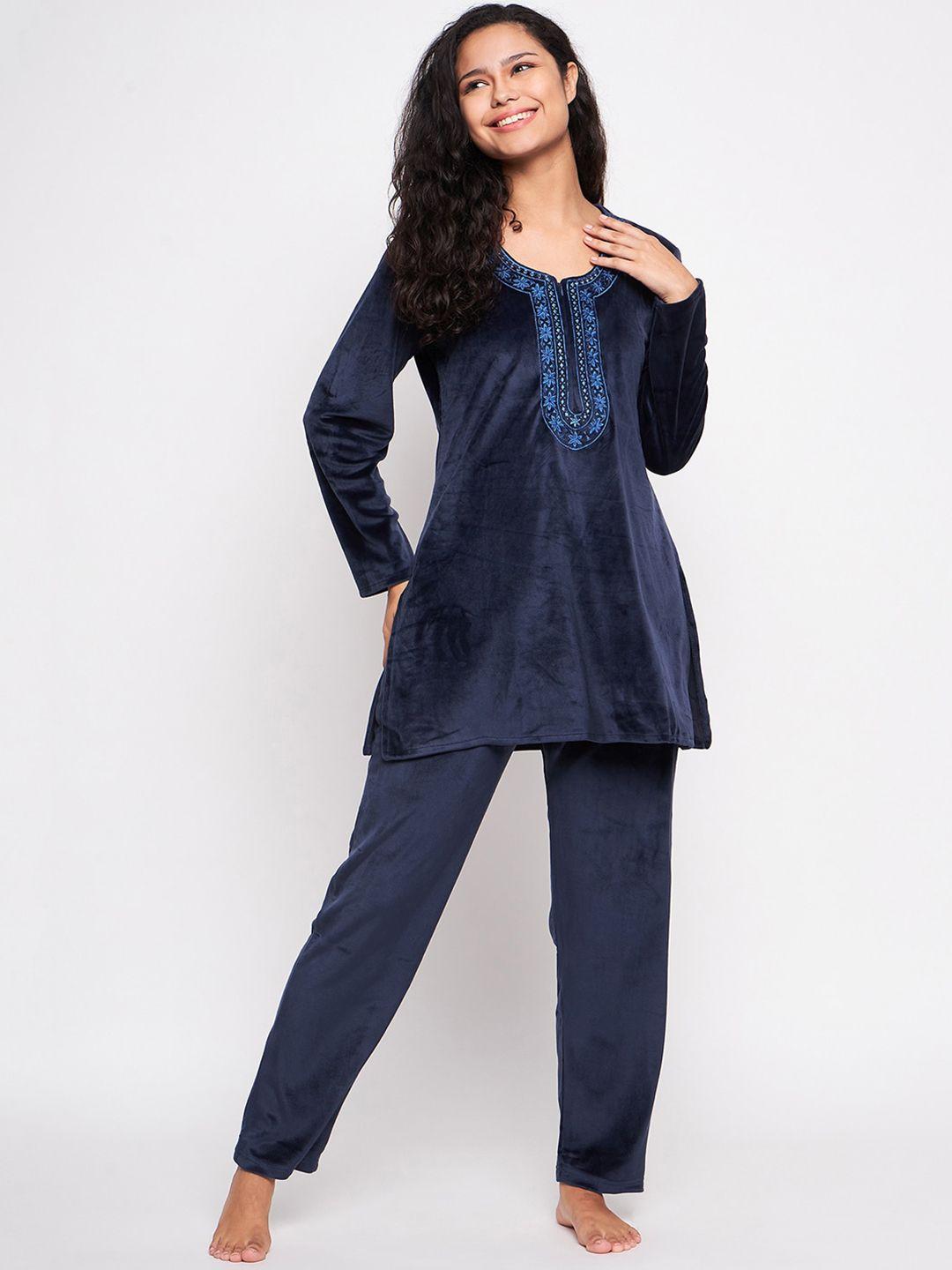 camey floral embroidered round neck long sleeves velvet kurti & pyjamas