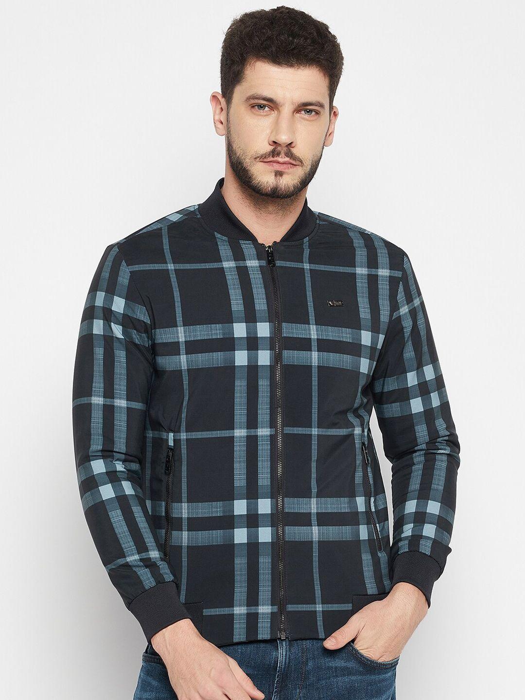 camey men navy blue checked lightweight bomber jacket