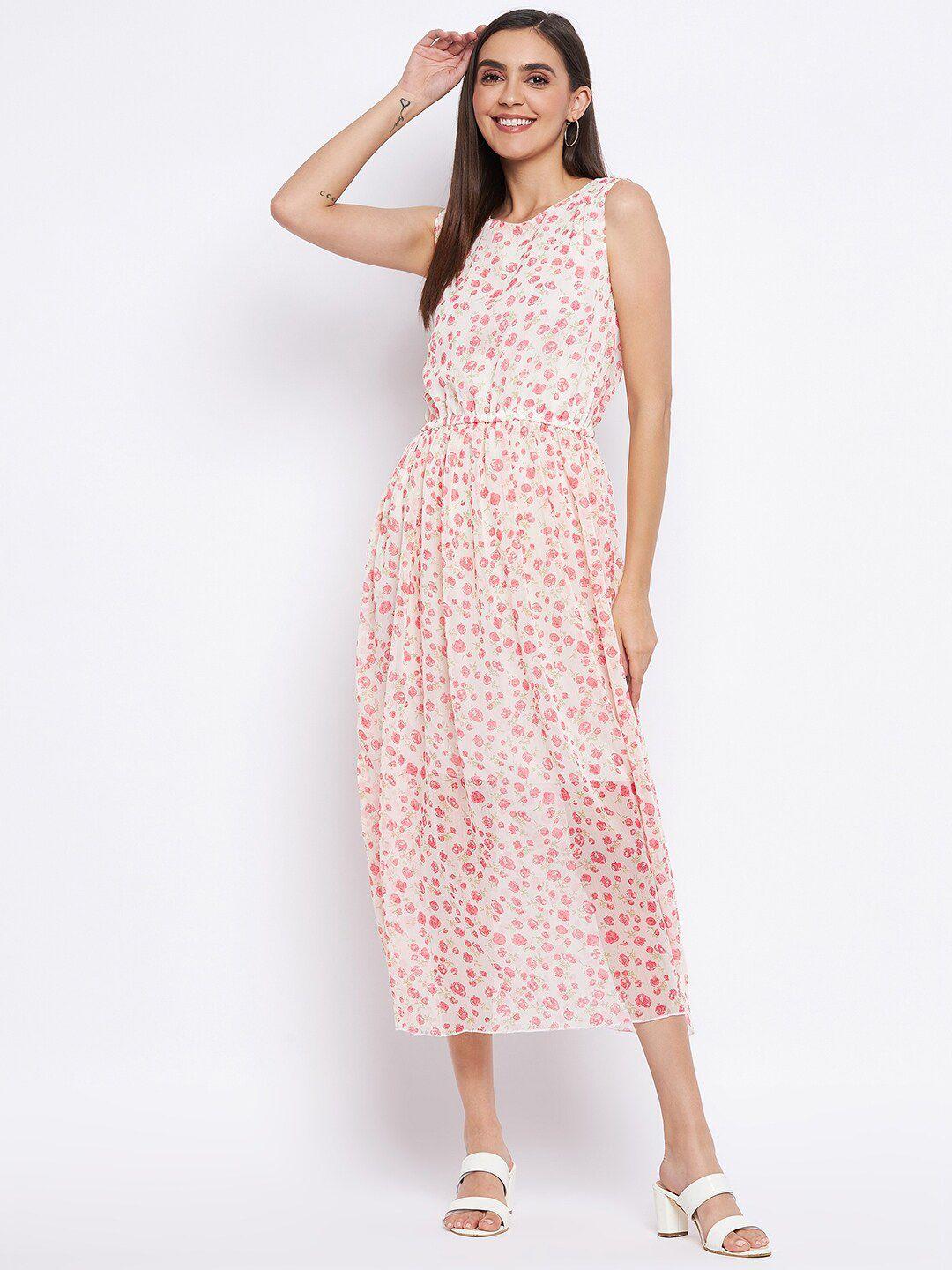 camey off white & pink floral printed georgette a-line midi dress