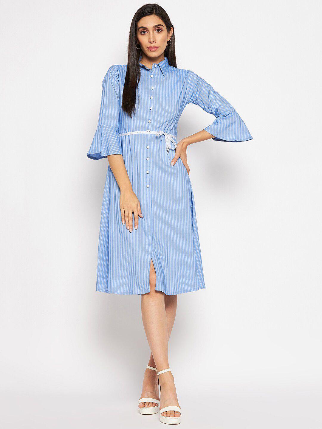 camey striped bell sleeves belted shirt dress