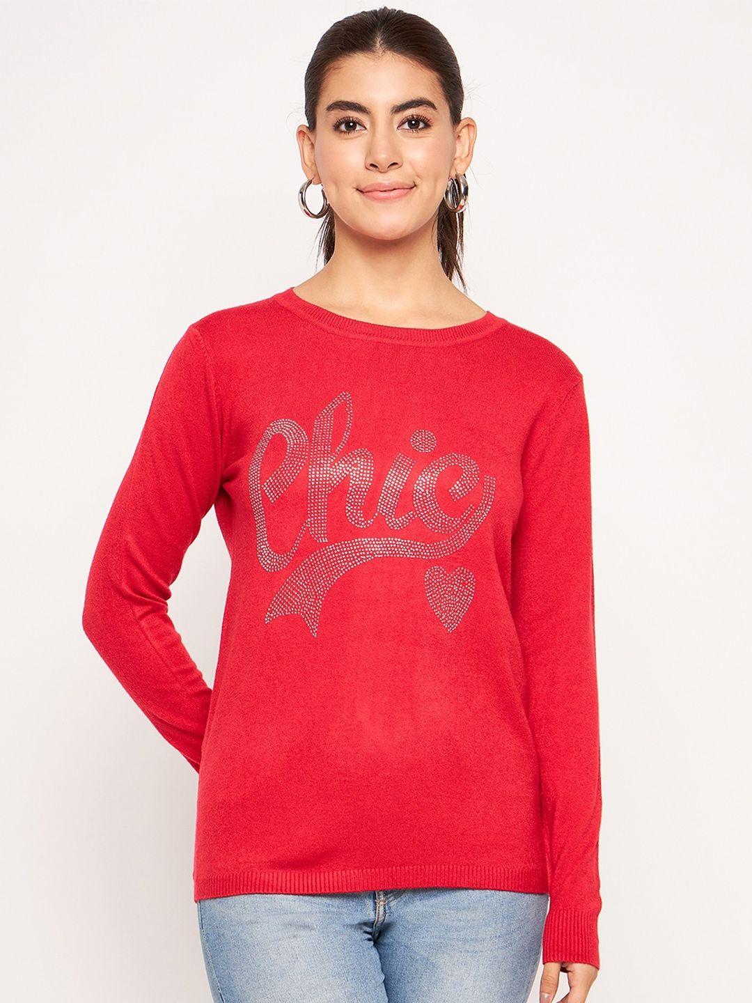 camey typography printed round neck long sleeves embellished wool pullover sweater