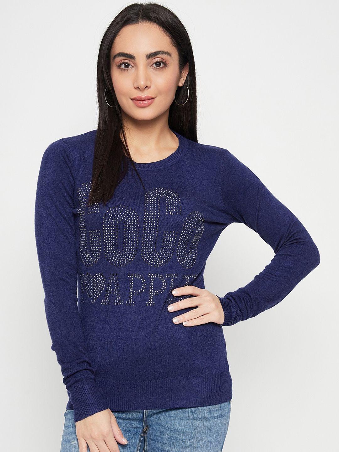 camey typography printed round neck long sleeves embellished wool pullover sweater