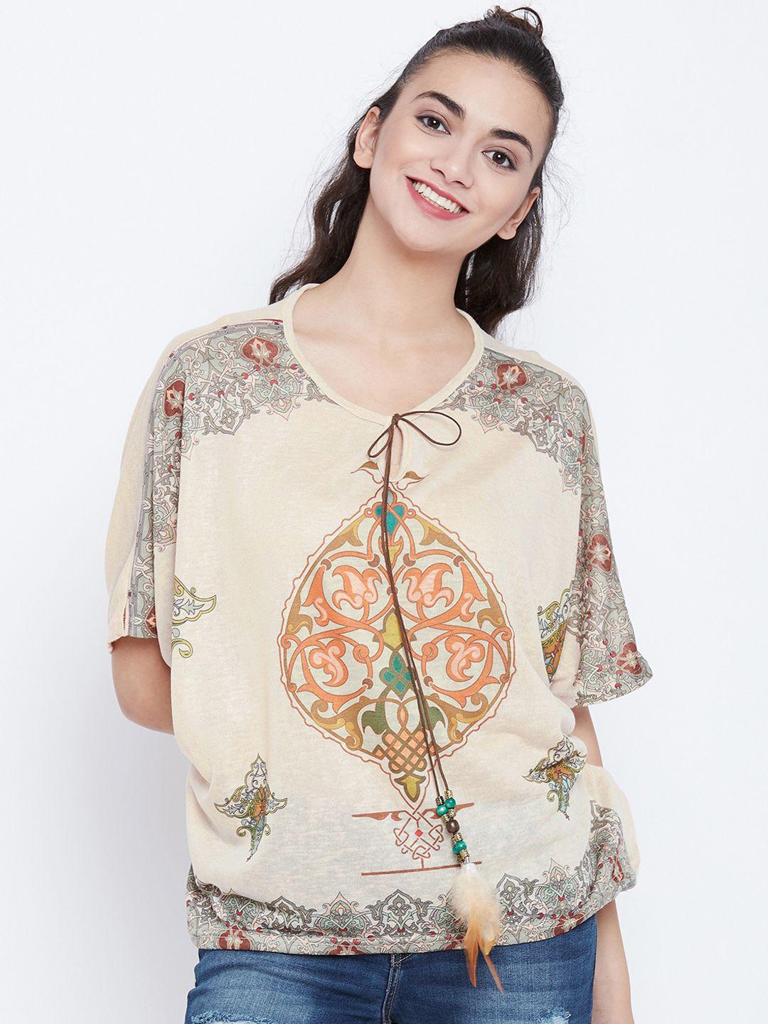 camey women cream-coloured printed top