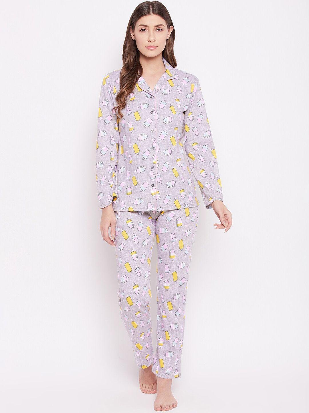 camey women grey & yellow printed night suit