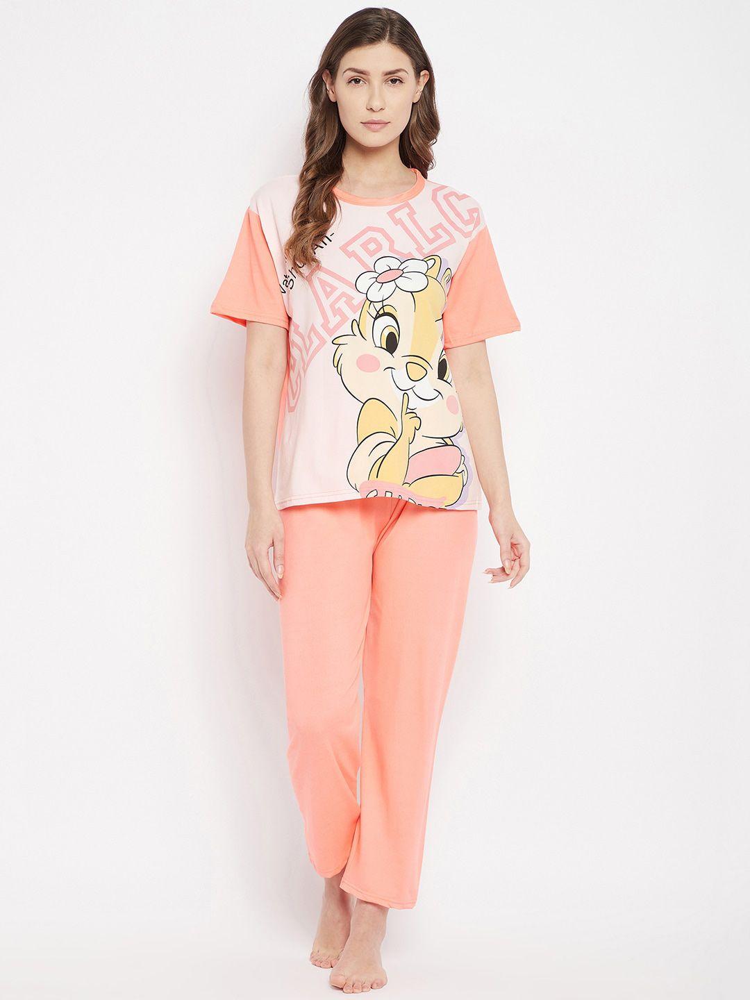 camey women peach-coloured & white printed night suit