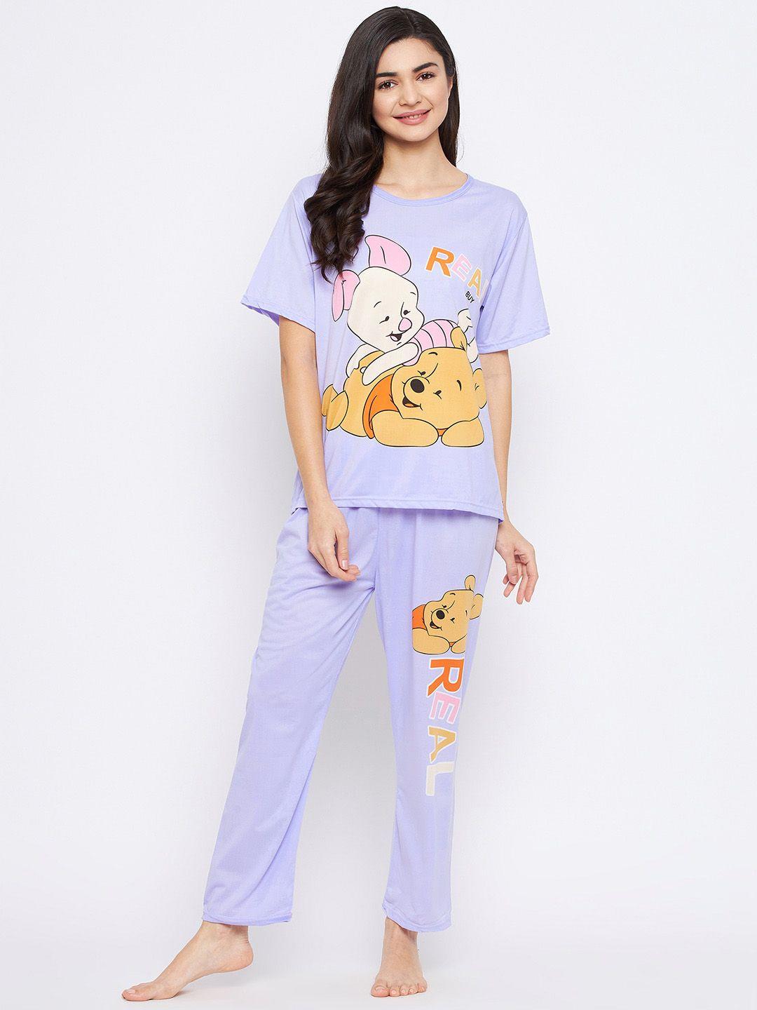 camey women purple & cream cartoon characters printed night suit