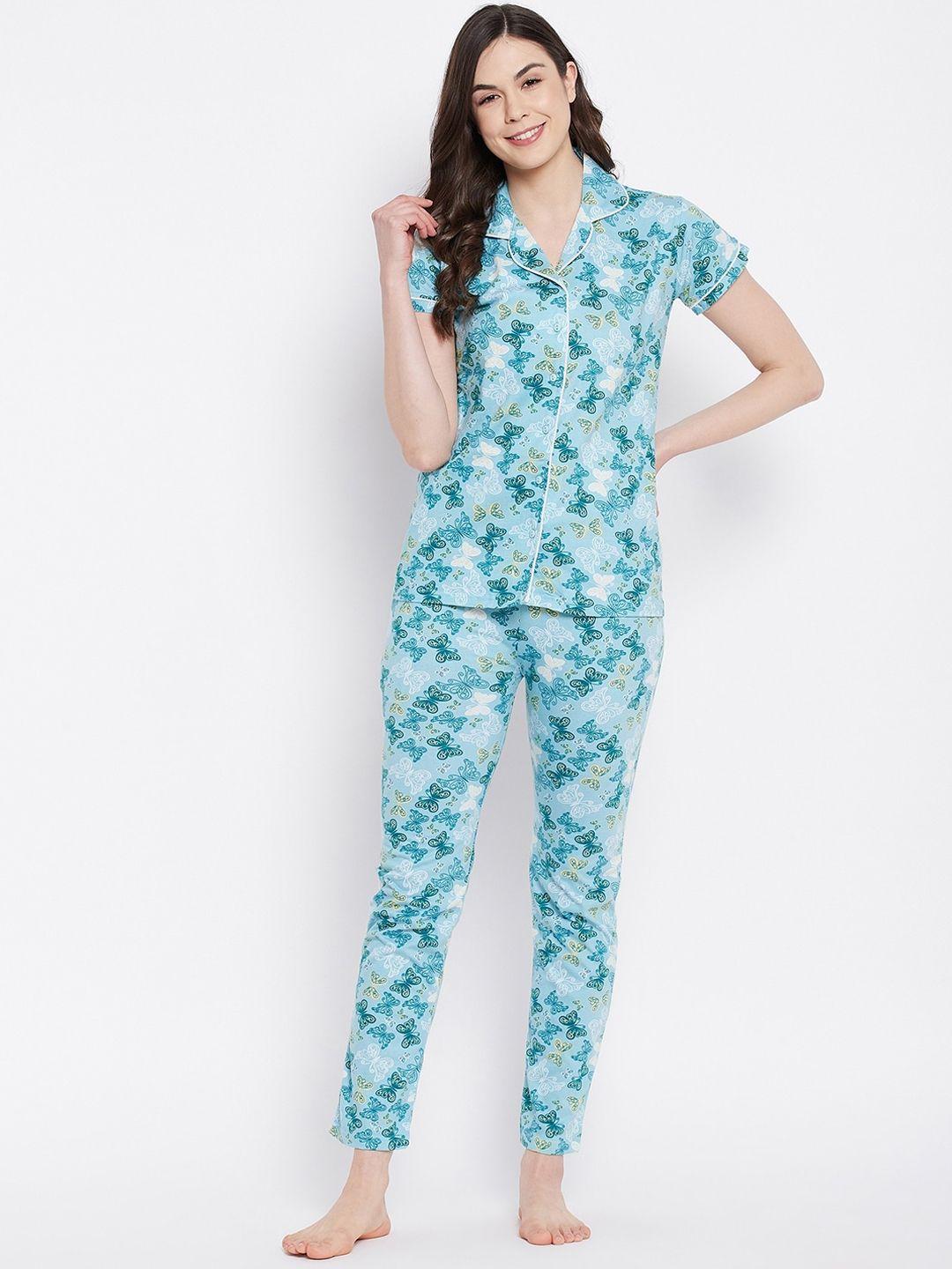 camey women turquoise blue & white floral printed pure cotton nightsuit