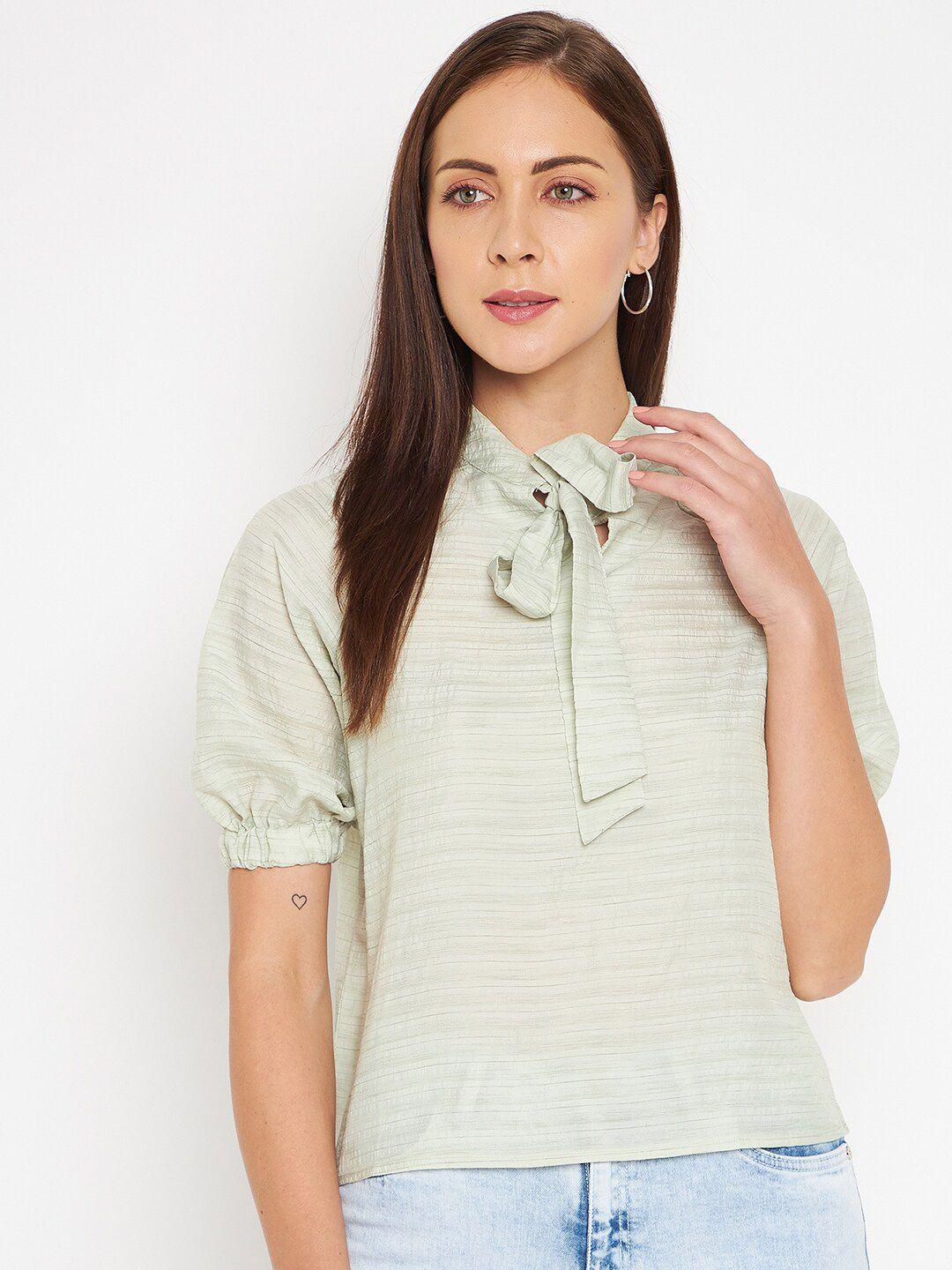 camla green striped tie-up neck top