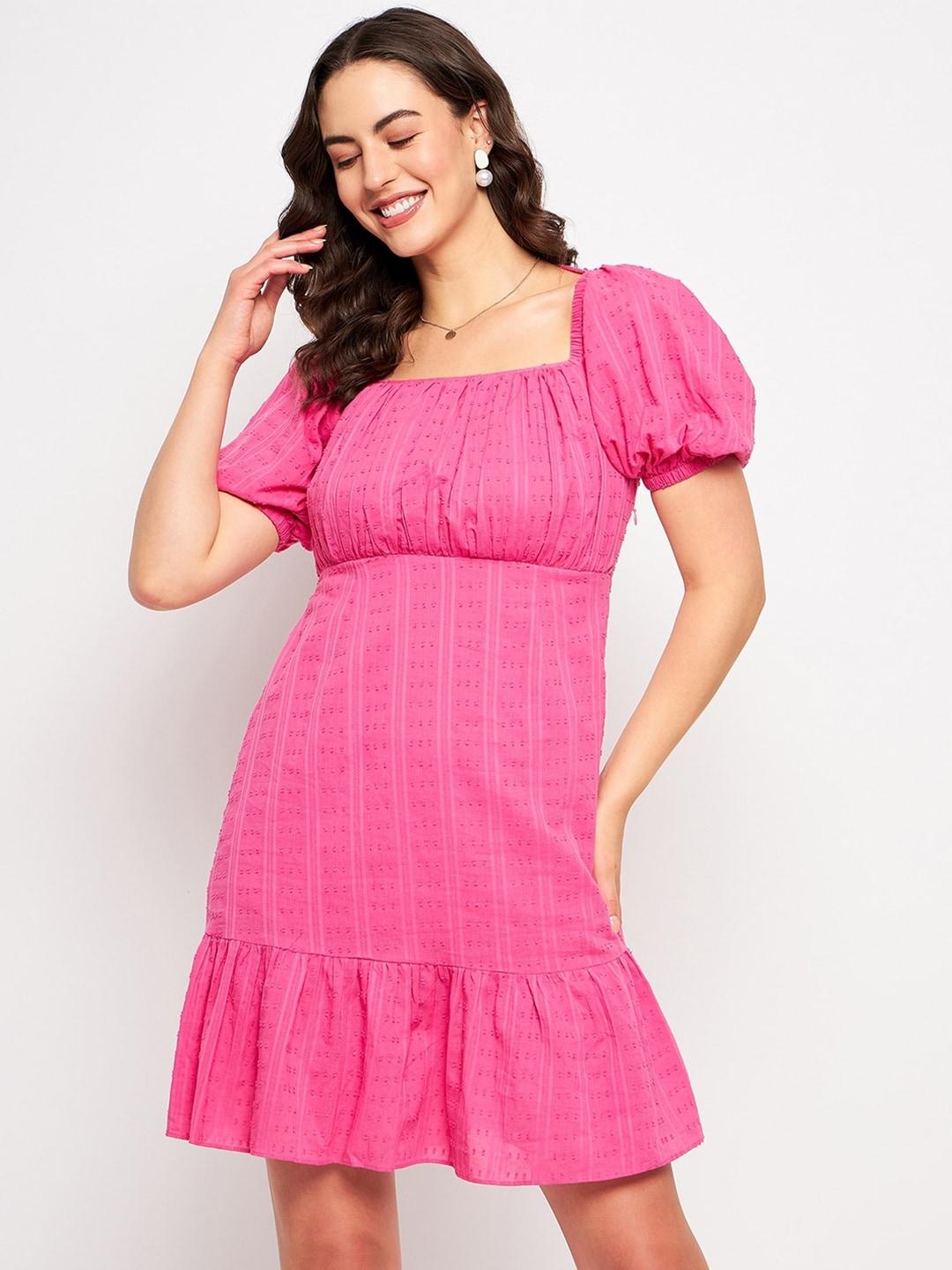 camla pink checked puff sleeve empire dress