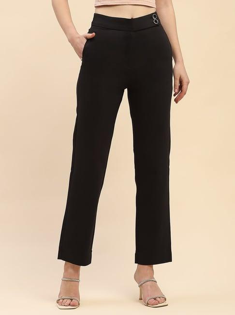 camla black cotton straight fit mid rise trousers