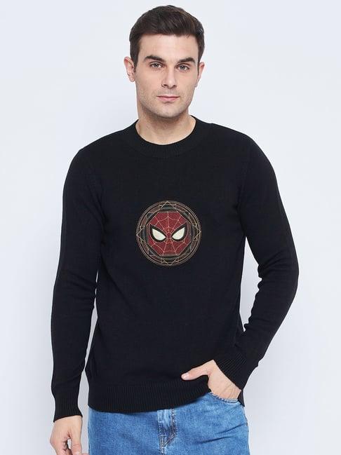 camla black regular fit marvel spiderman print sweater