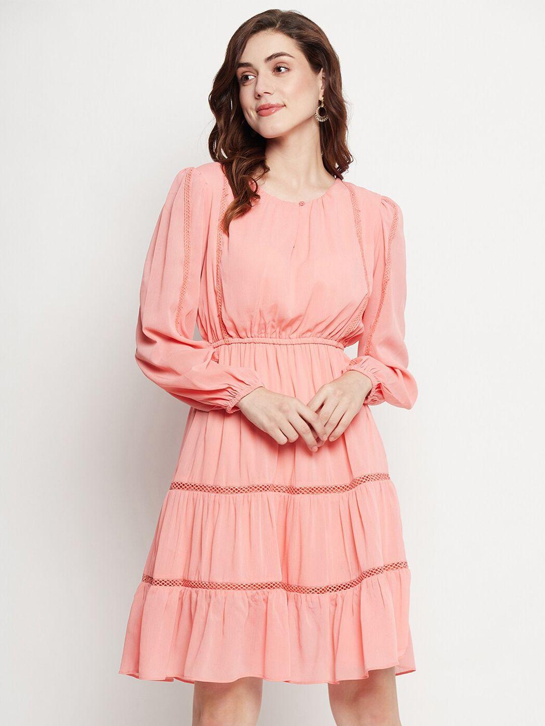 camla keyhole neck puff sleeves tiered fit and flare dress