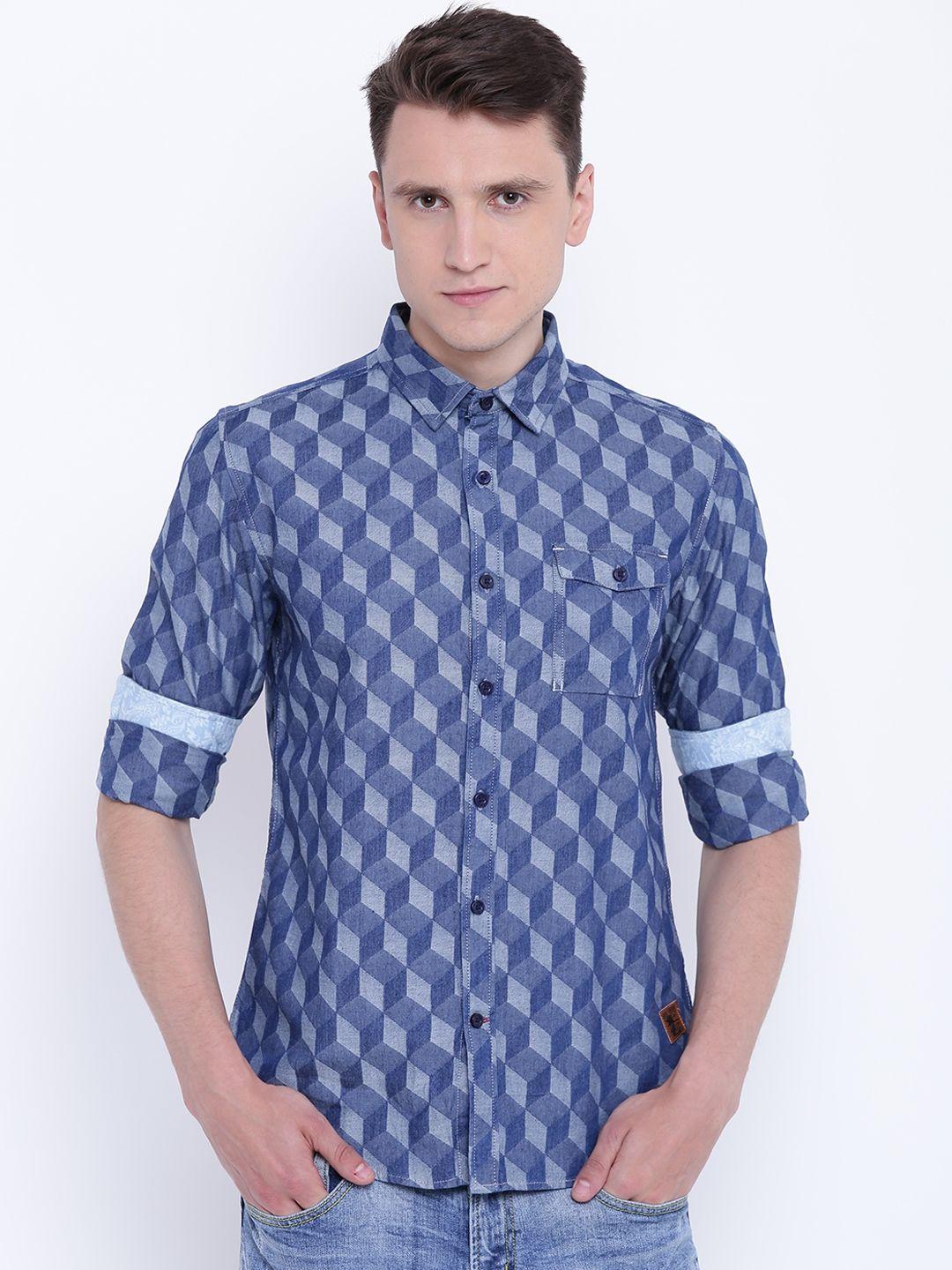 camla men blue & grey slim fit geometric pattern casual shirt