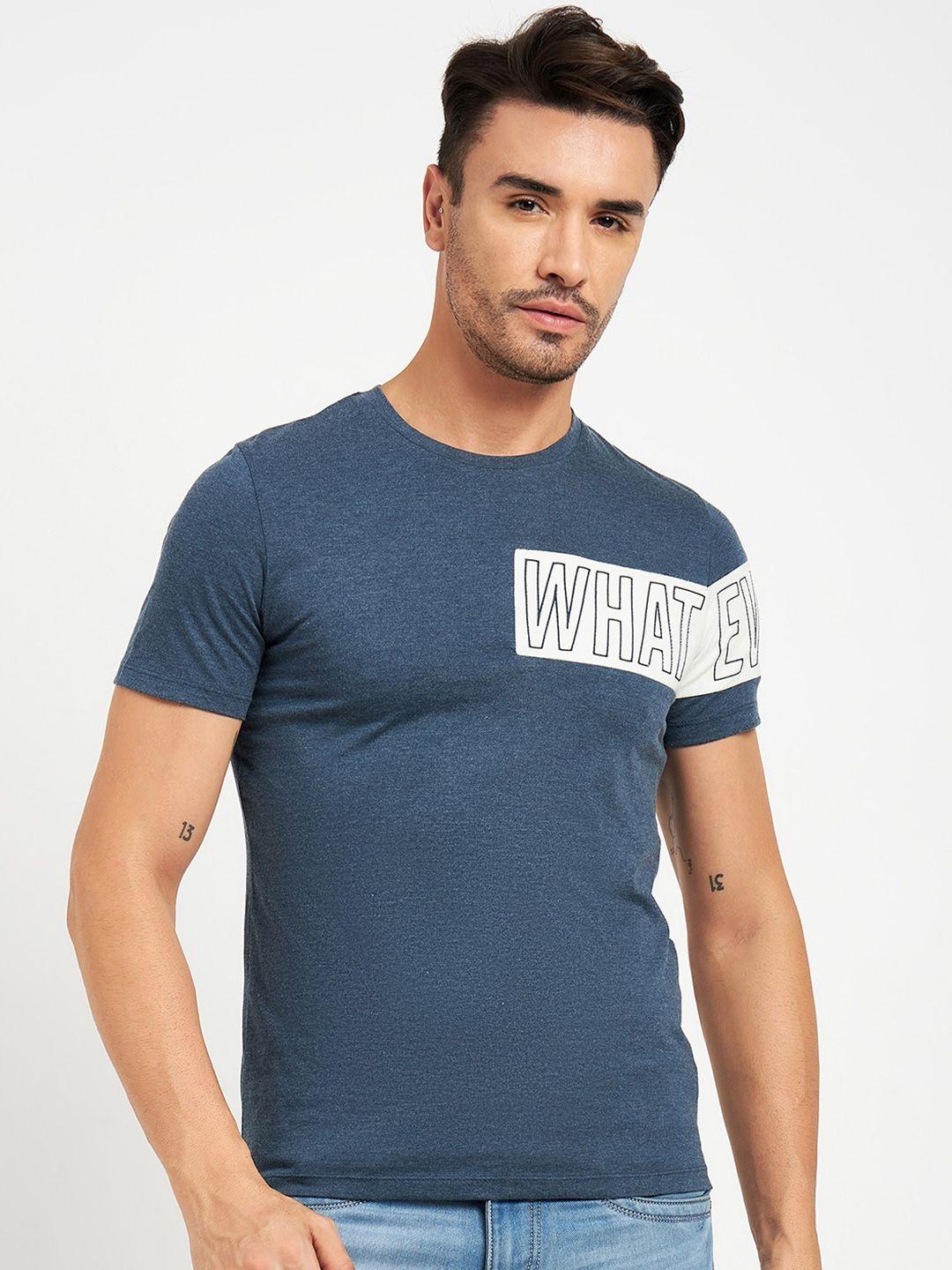 camla men blue typography striped pockets t-shirt