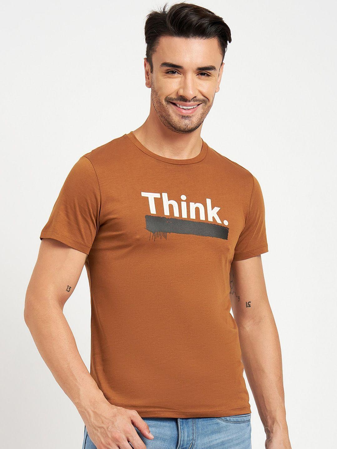 camla men brown typography printed applique t-shirt