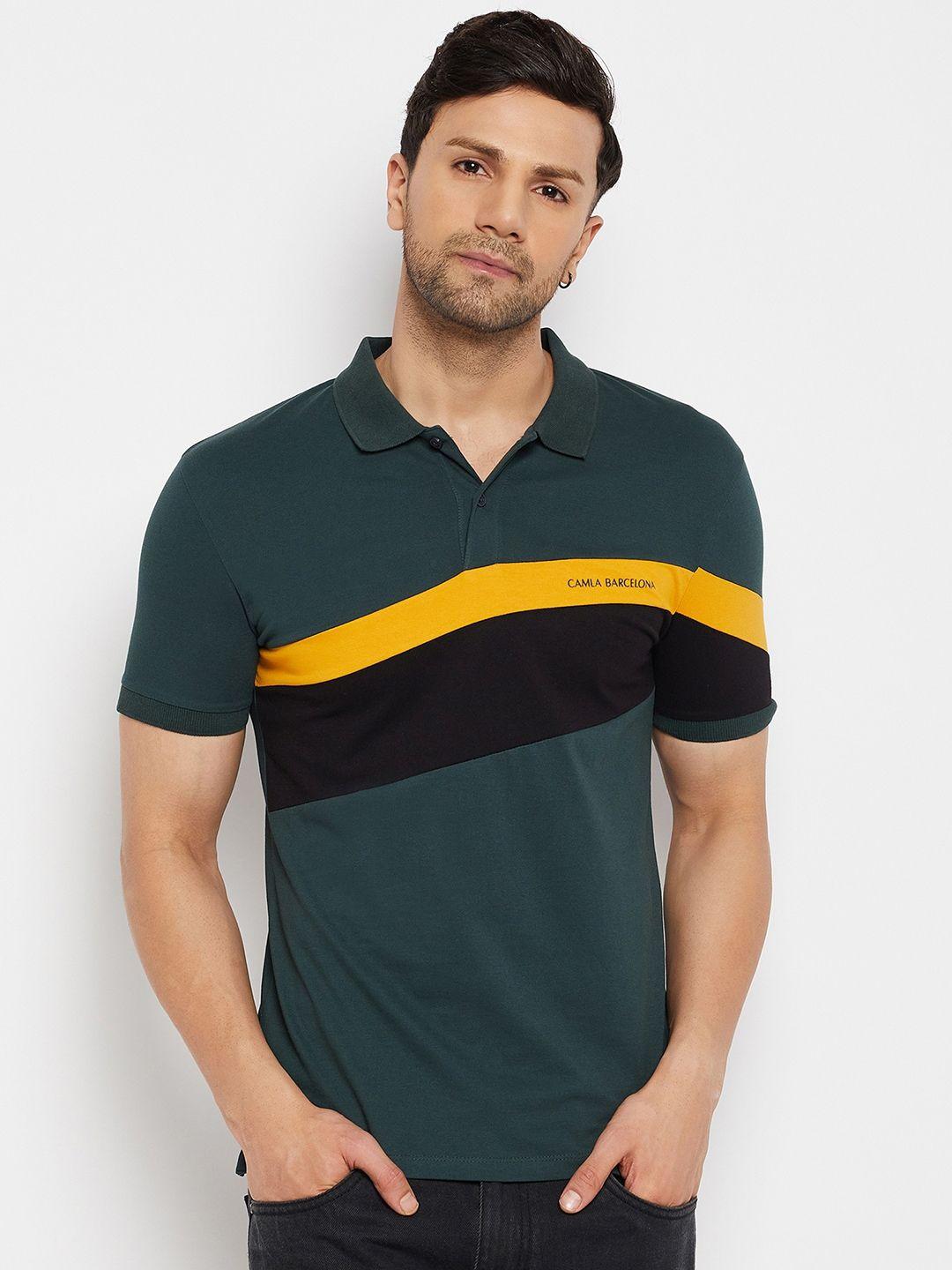 camla men green polo collar applique t-shirt