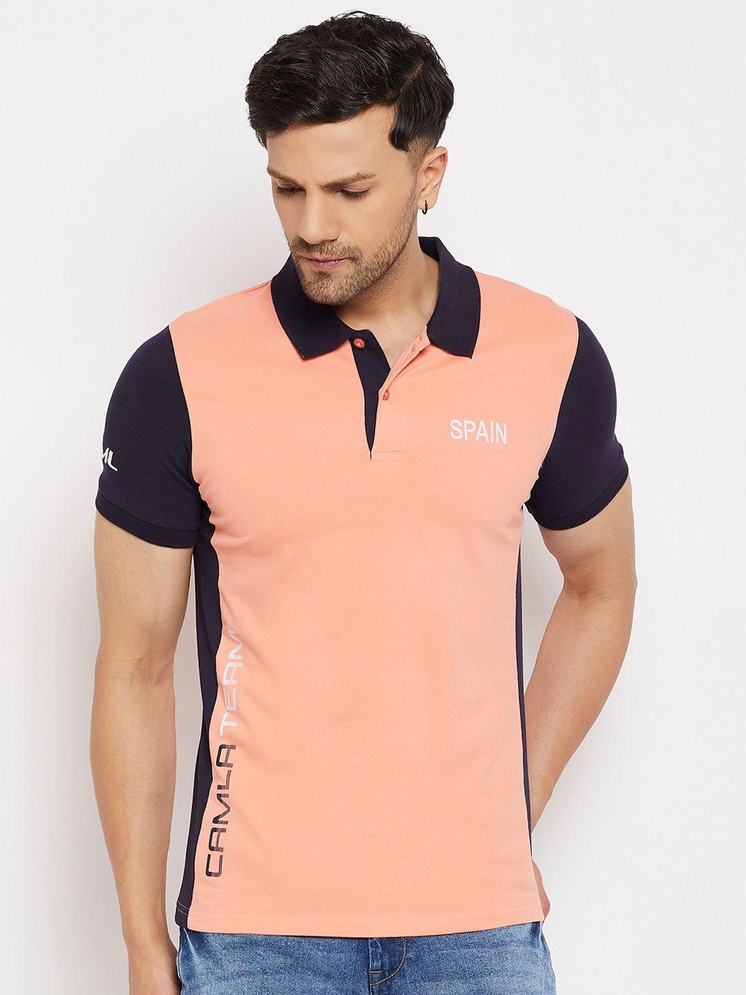 camla men peach-coloured polo collar pockets t-shirt