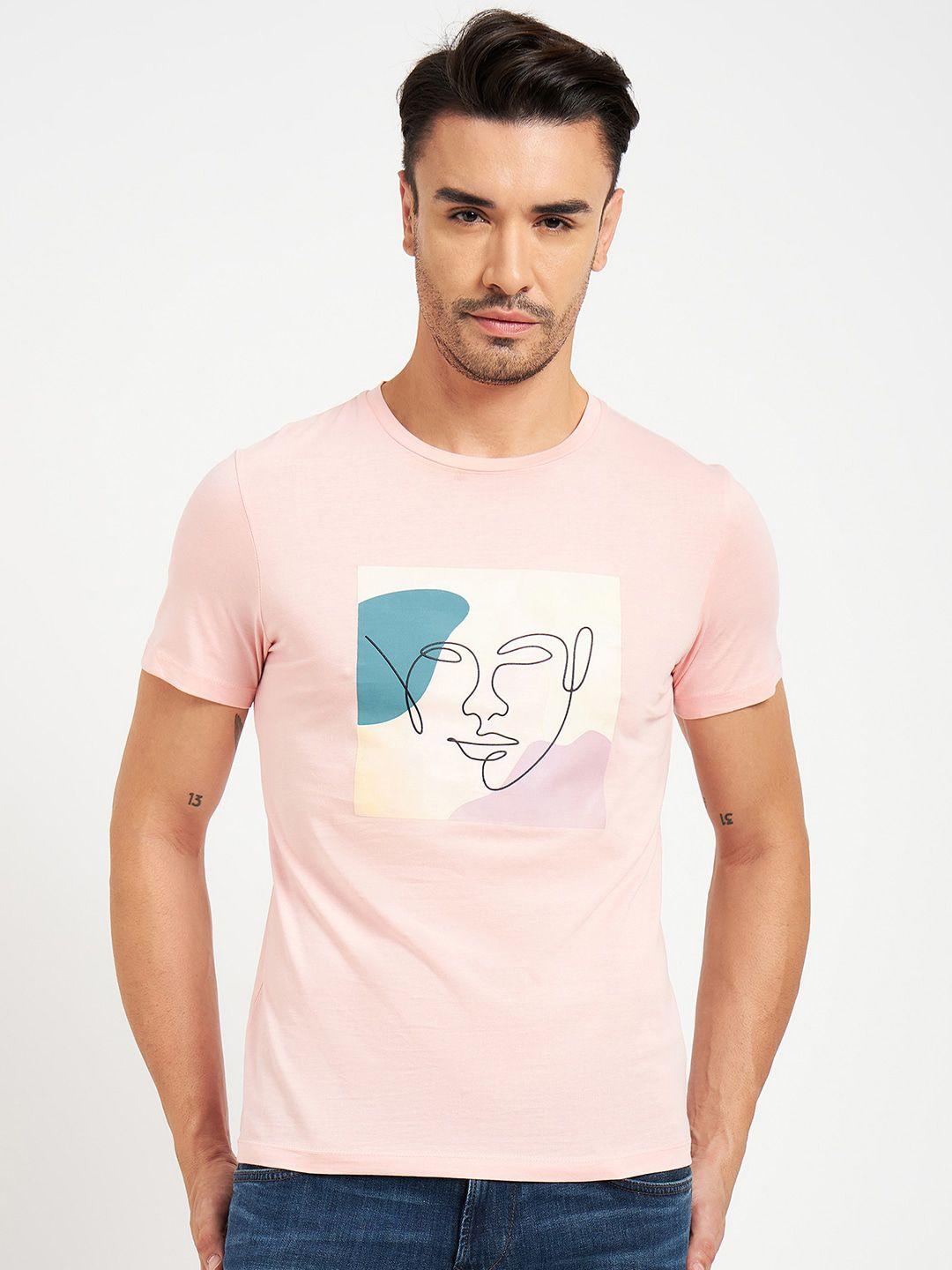 camla men peach-coloured typography printed applique t-shirt