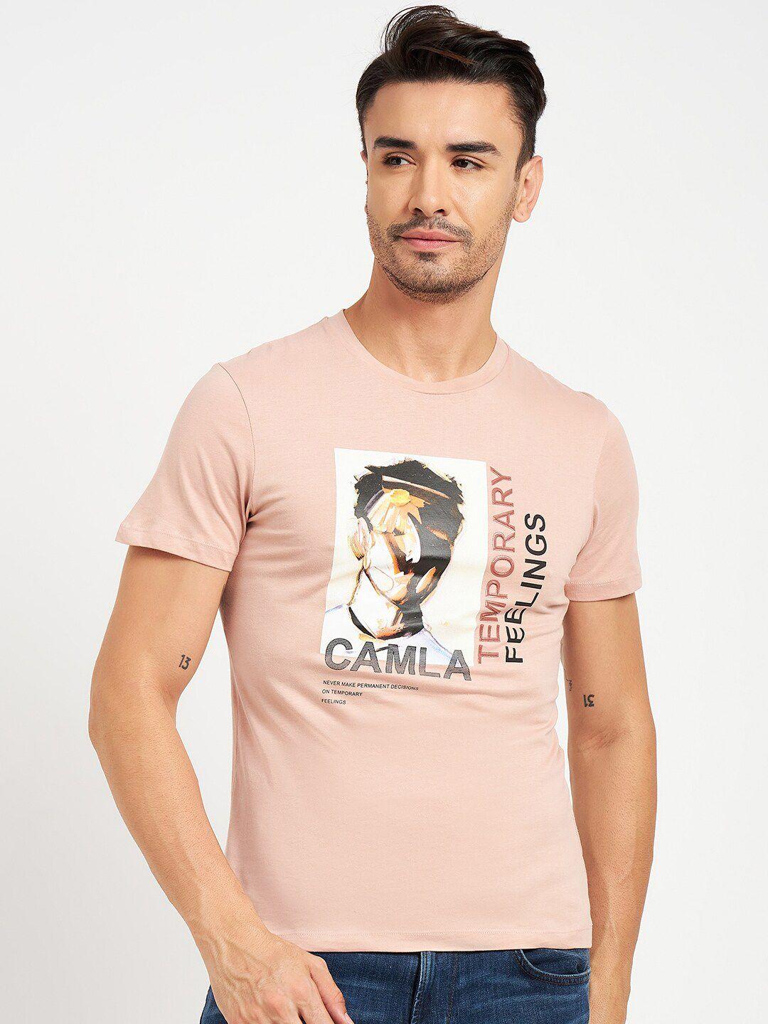 camla men pink printed raw edge t-shirt