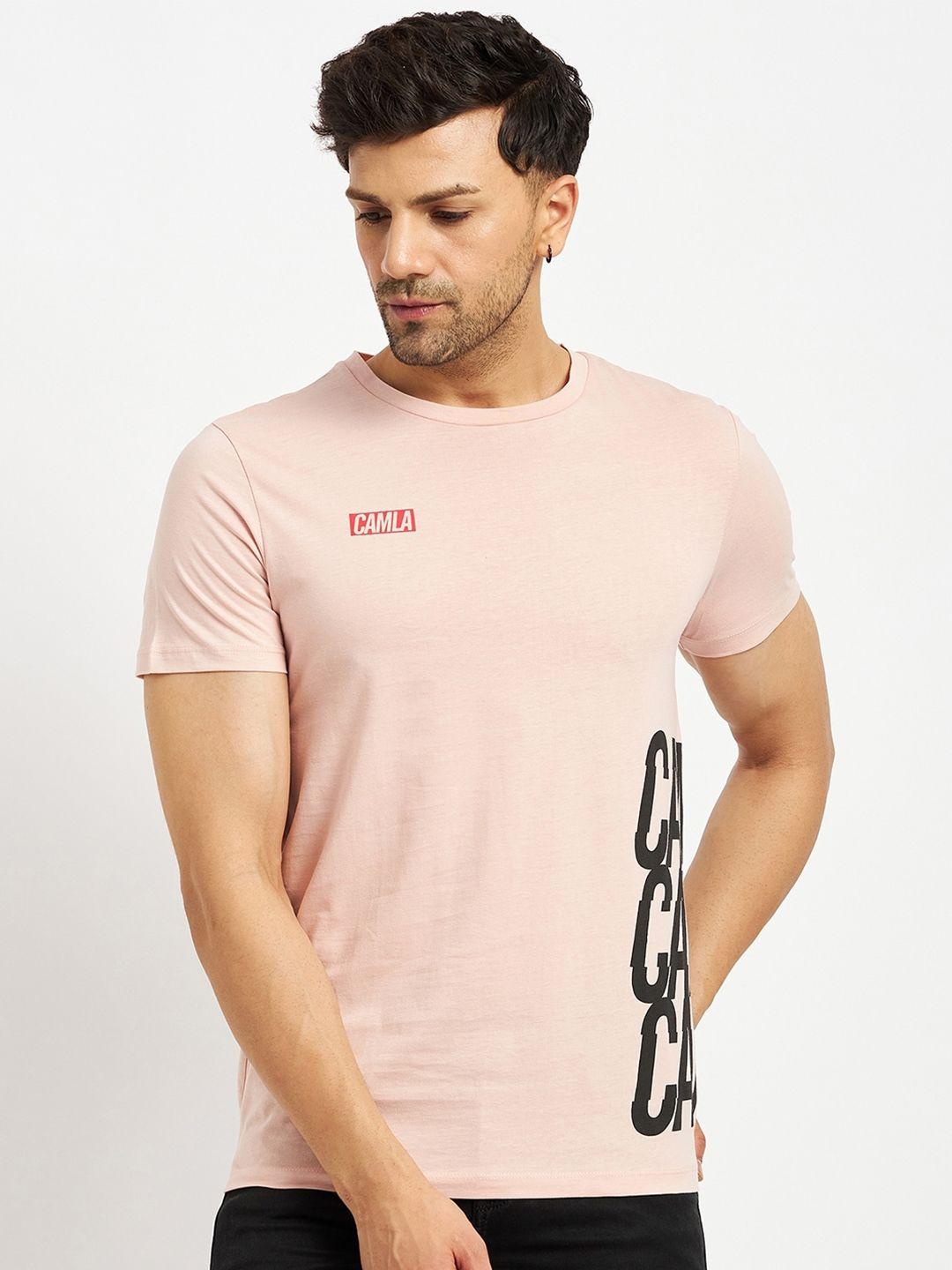 camla men pink typography printed applique t-shirt