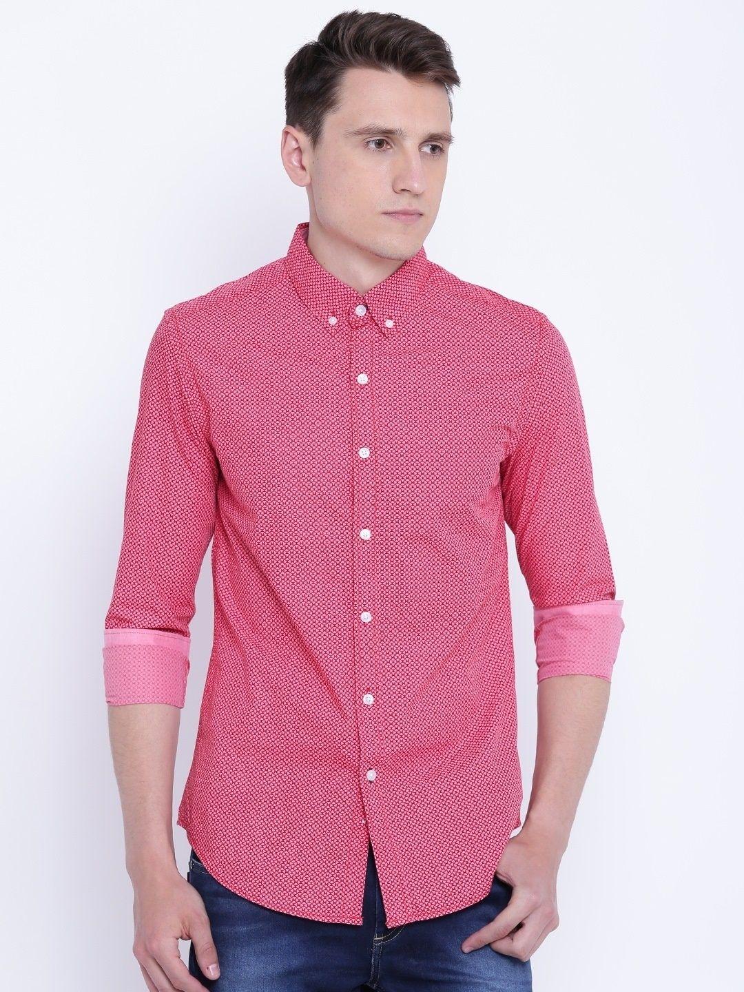 camla men red & pink regular fit printed casual shirt