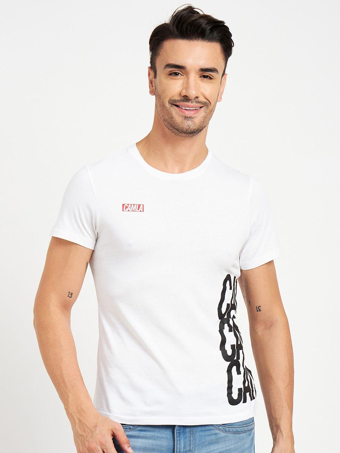 camla men white typography v-neck applique t-shirt