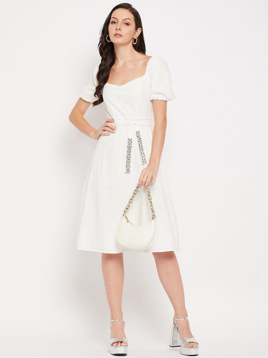 camla puff sleeves cotton fit & flare dress with embellished belt