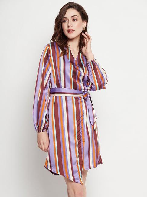 camla purple striped wrap dress