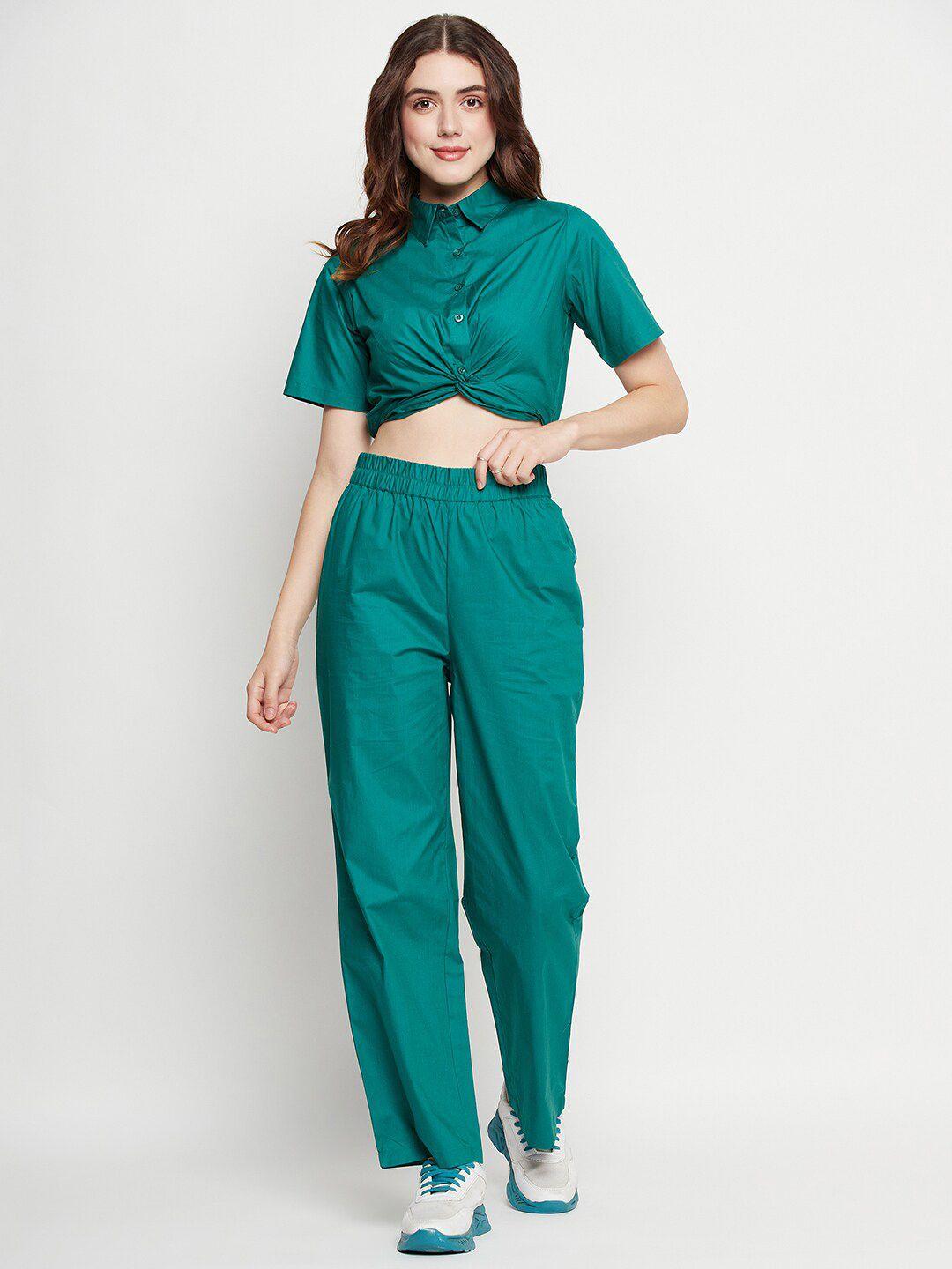 camla shirt collar short sleeves twisted crop shirt with trouser