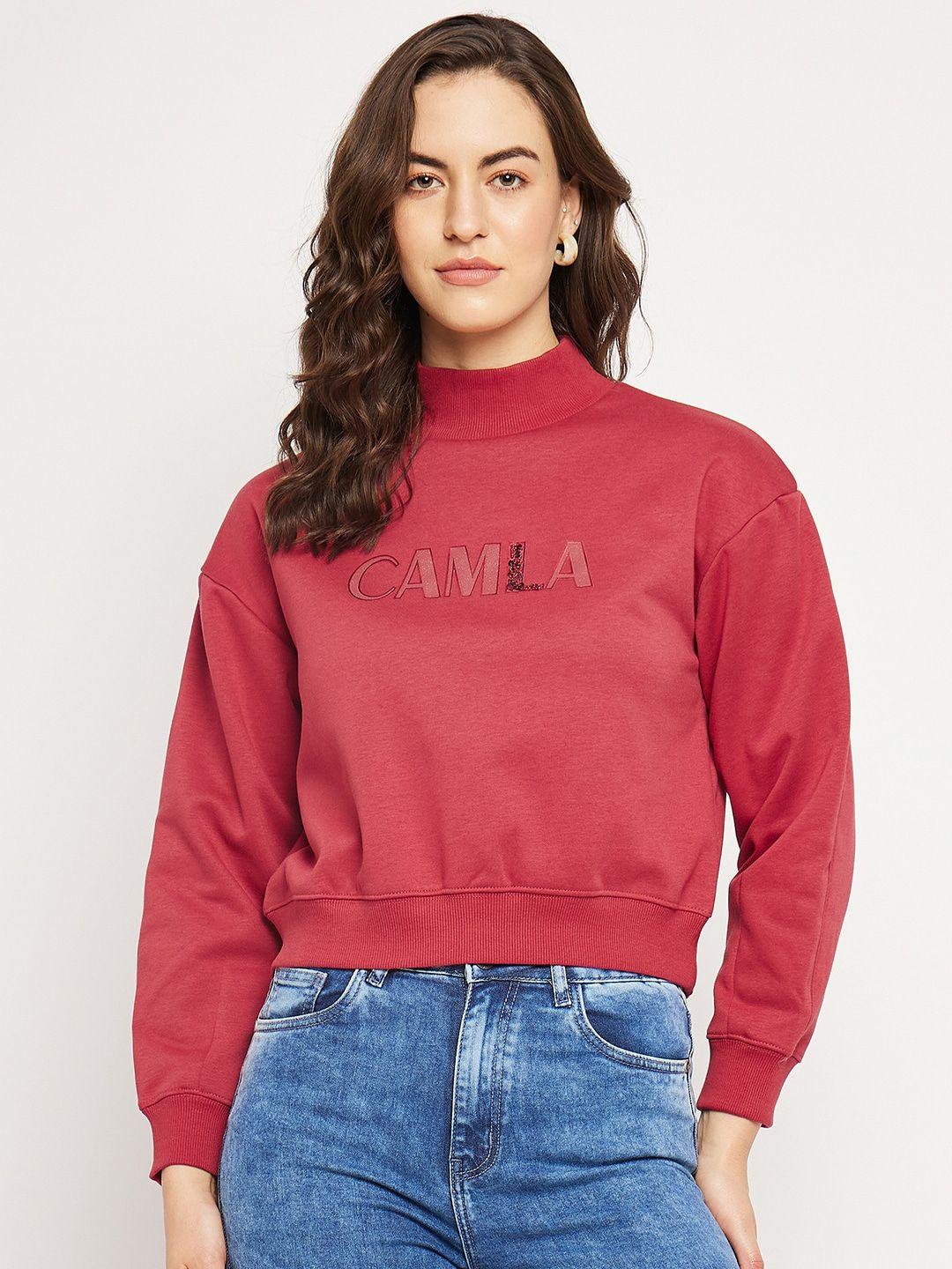 camla typography printed cotton pullover crop sweatshirt