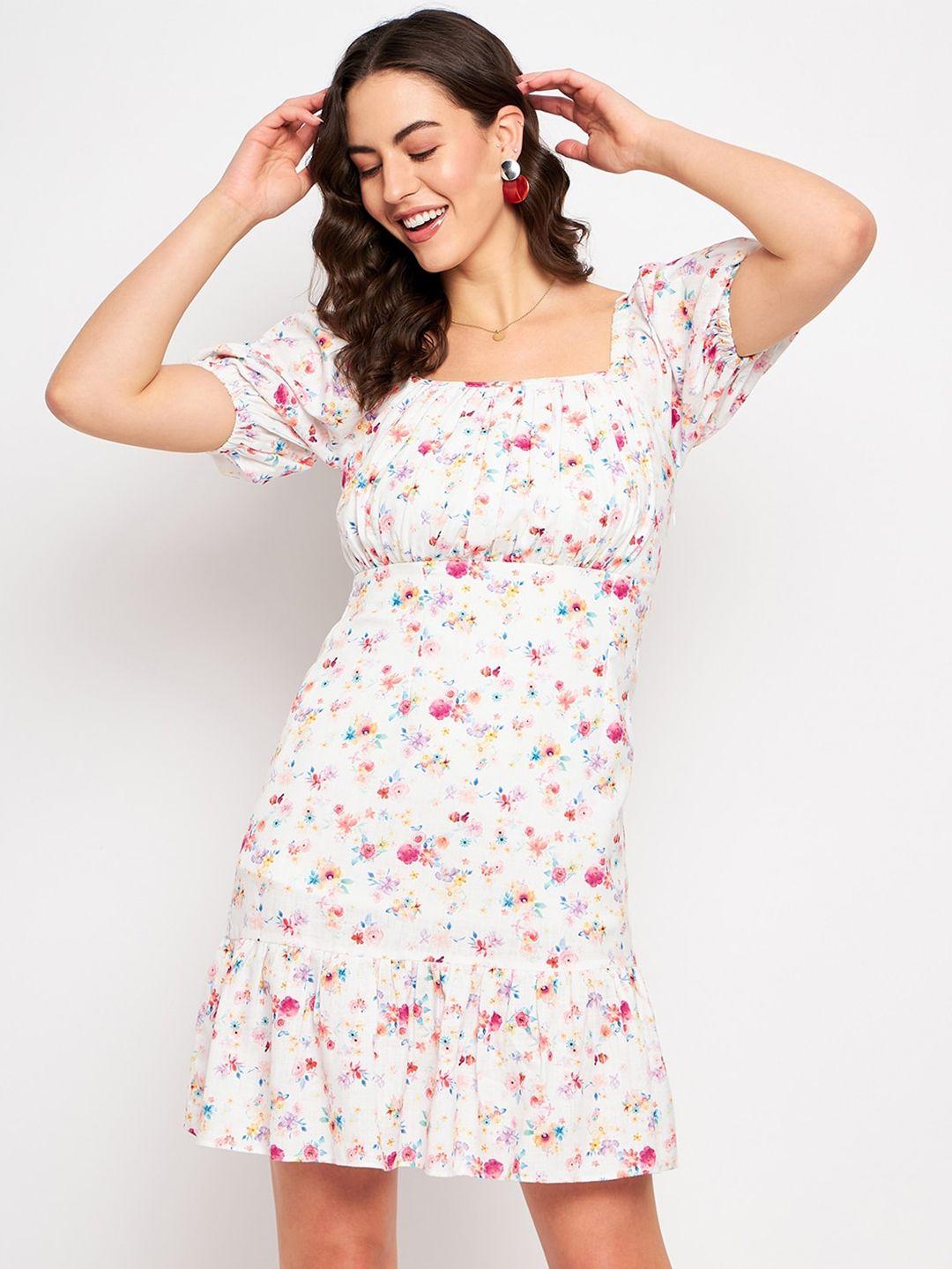camla white floral print puff sleeve fit & flare dress