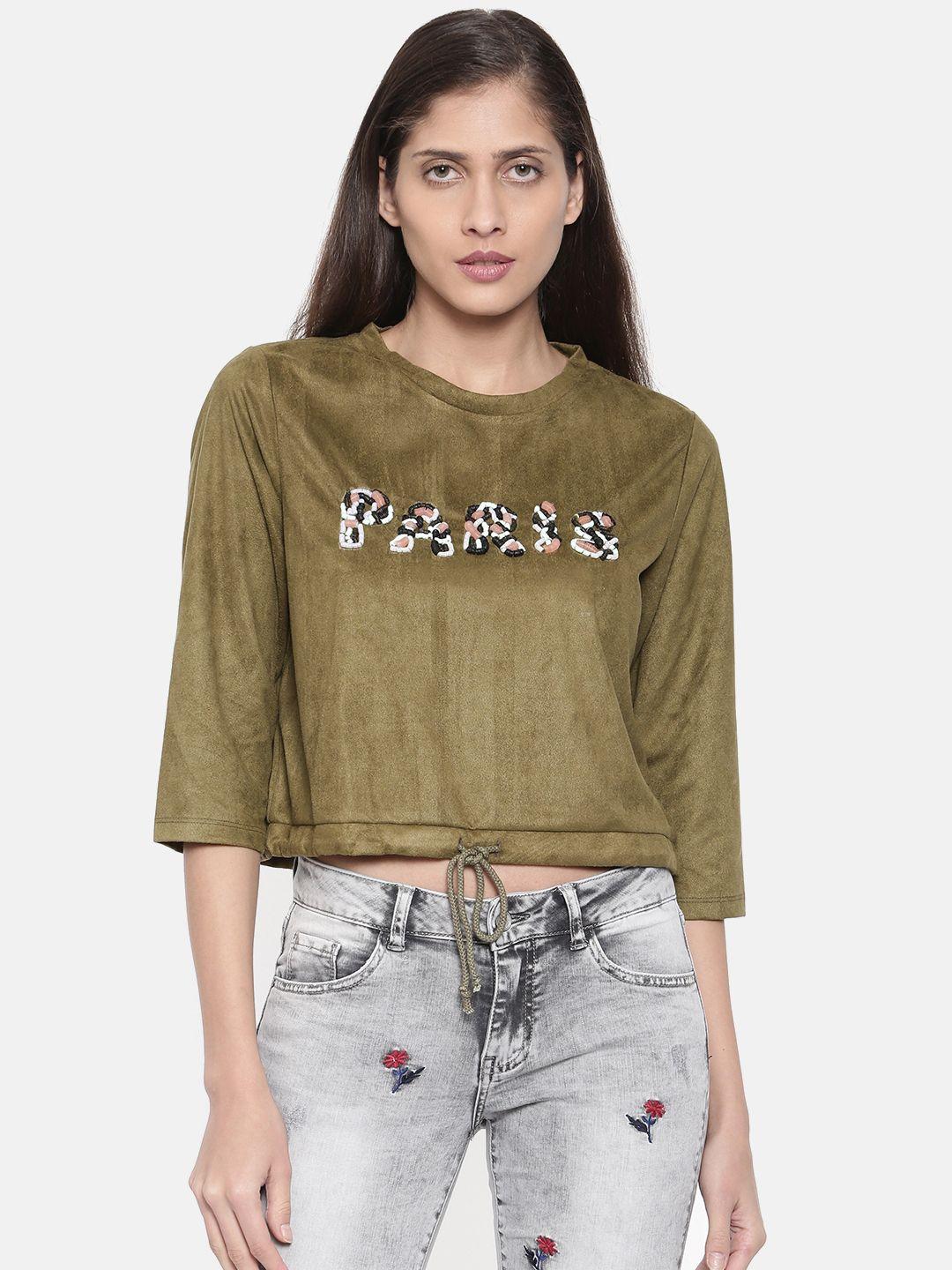 camla women olive green embellished top