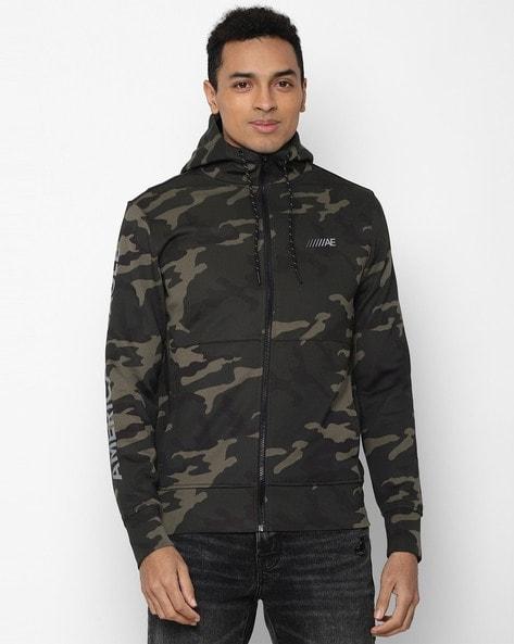 camo print zip-front hoodie with insert pockets