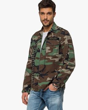 camo print button-down jacket with detachable rope accent