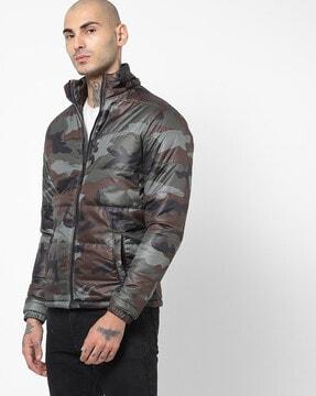camo print hooded jacket with insert pockets