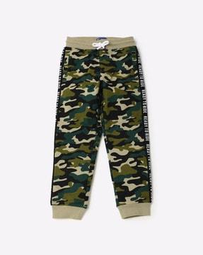 camo print joggers with typographic taping