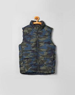 camo print padded zip-front jacket