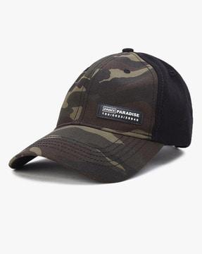 camo print panelled baseball cap with brand applique