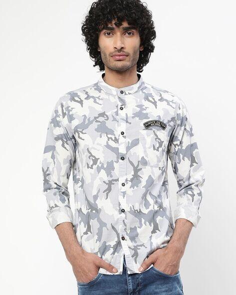 camo print slim fit shirt with patch pocket