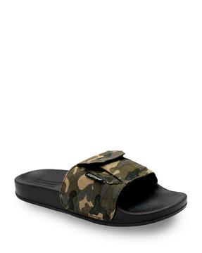 camoflauge print slip-on sandals