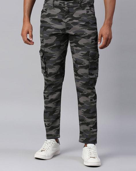 camouflage pattern tapered fit cargo pants