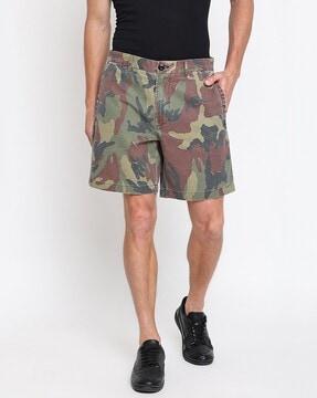 camouflage print flat-front slim fit shorts