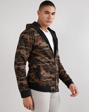camouflage print hooded jacket with insert pockets